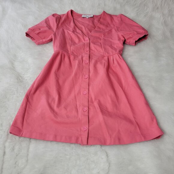 L'Academie Calypso Coral Pink Short Sleeve Violet Button Down Mini Dress Small - Picture 4 of 15